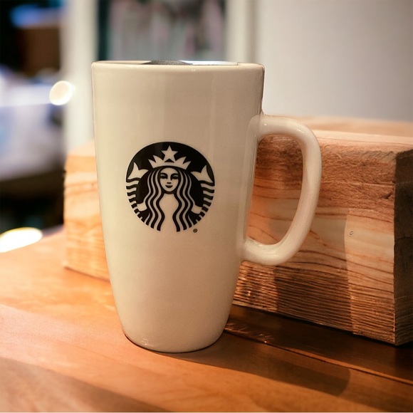 Starbucks White Ceramic Snap On Slide To Open Lid White 16 Ounce Mug! - Picture 6 of 9